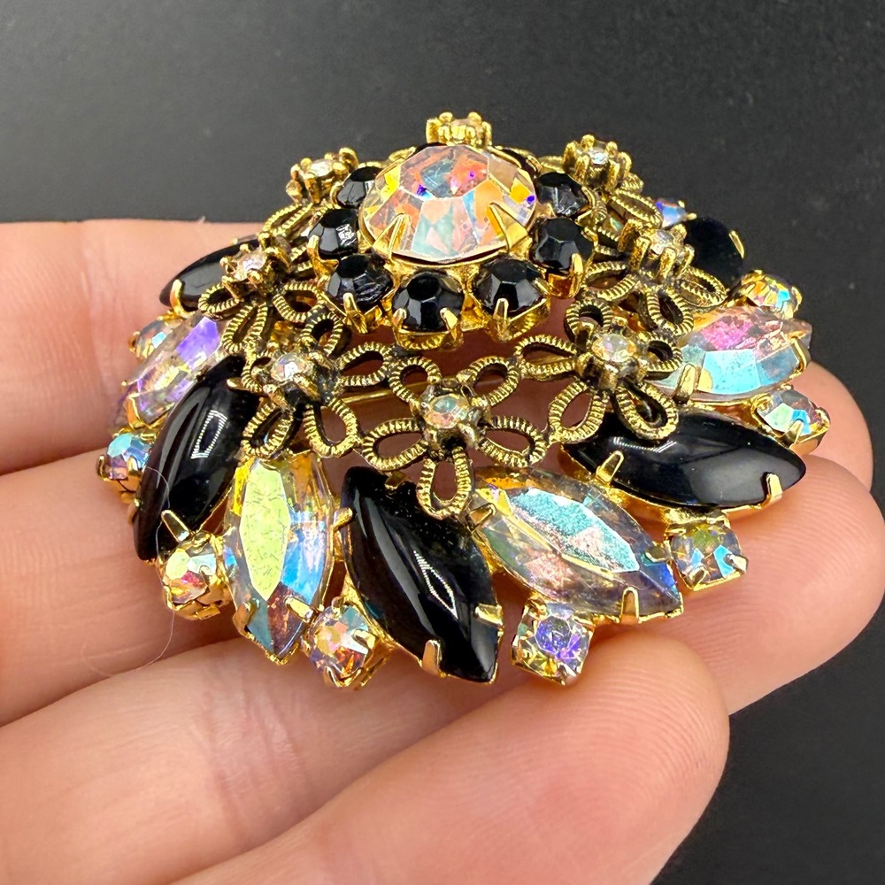 Vintage Rhinestone Brooch Gold Tone Black Aurora Borealis Rhinestone Layered